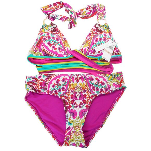 NWT Trina Turk Two-Piece Bikini Set Size 12 Hawaiian Garden Print Halter Tie - Picture 1 of 12